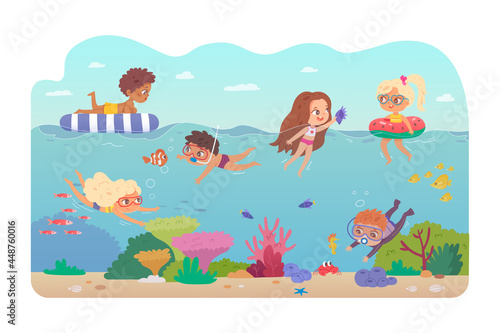 Kids swimming and diving in sea. Children in water and underwater having fun in summer vector illustration. Boys and girls on inflatables and in goggles looking at fish and sea life