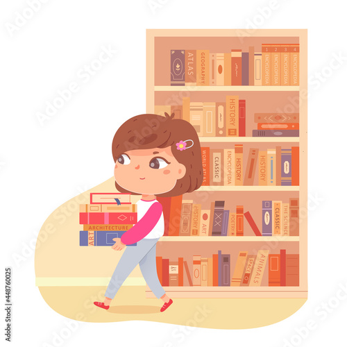 Little girl walking with pile of books in school library. Happy clever kid learning fun activity vector illustration. Pupil studying, bookshelf with shelves in background. Education and leisure