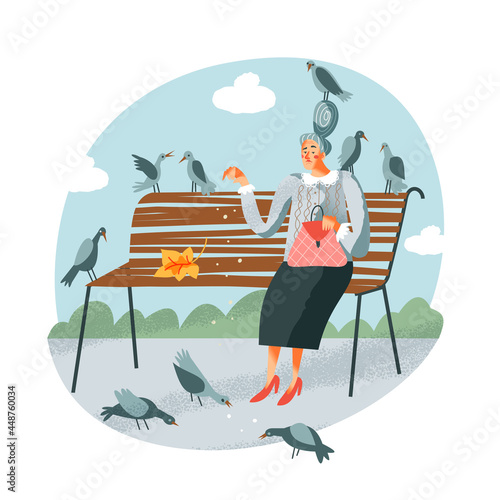 Sad lonely elderly woman feeding birds in park. Old senior female alone and depressed sitting on bench vector illustration. Unhappy upset person outdoor. Loneliness and despair