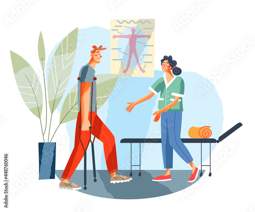 Young man with crutches in medical rehabilitation and physical therapy centre. Guy in recovery doing exercises, walking vector illustration. Woman therapist helping in rehab healthcare