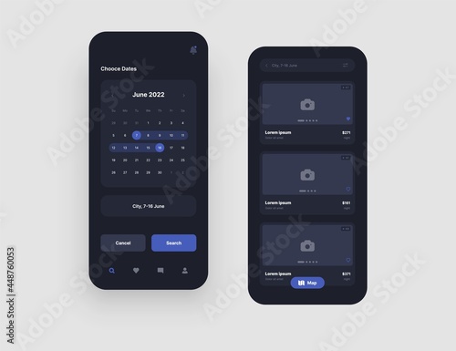 Mobile app interface design in dark colors for hotel booking or social media. Use design for web application or mobile app.