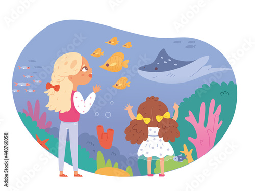 Children in sealife museum. Kids looking at aquarium with fish, water, corals, animals vector illustration. School excursion scene, girls on trip. Science and nature education