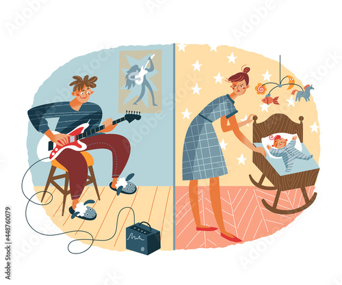 Loud noisy neighbour disturbing baby sleep. Problems in neighbouring apartments at home vector illustration. Young guy playing music on guitar, annoyed mother with little child in bed
