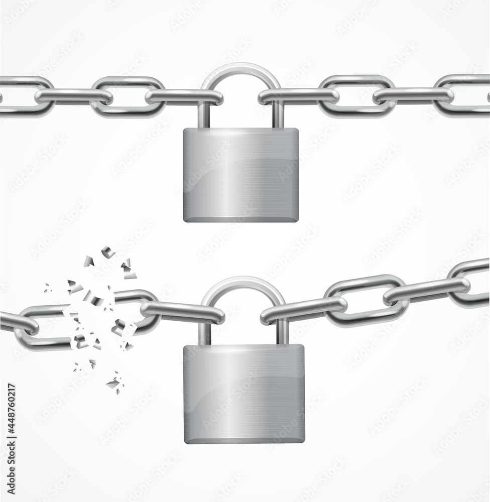Realistic Detailed 3d Whole and Broken Chain and Lock Set. Vector Realistic Detailed 3d Whole and Broken Chain and Lock Set. Vector
