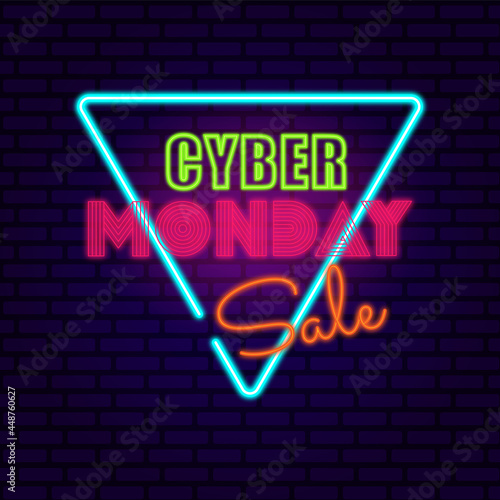 Cyber monday sale text baner in neon style on a dark-blue background