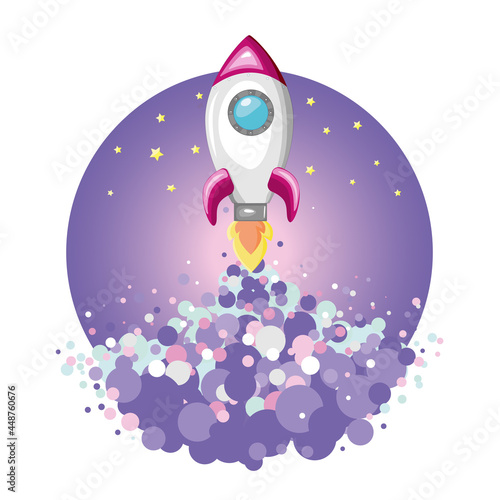 The rocket takes off into space on a purple background. Card, banner, poster. Vector illustration in flat style. 