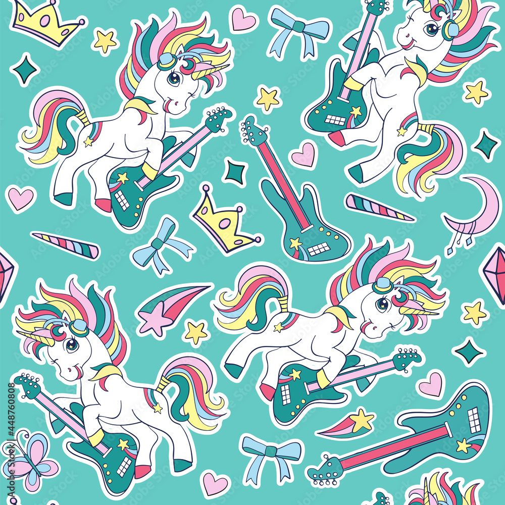 Obraz premium Turquoise seamless vector pattern with cool unicorns and magic elements