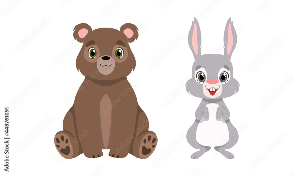 Cute Woodland Animals with Hare and Bear Vector Set