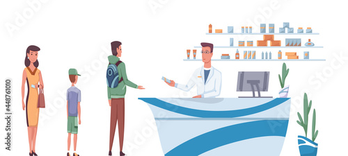 Pharmacy with pharmacist behind counter and people buying medicine. Queue of different people who came to buy pill. Drugstore cartoon vector illustration