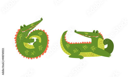 Funny Green Crocodile with Toothy Smile in Lying and Cuddling Pose Vector Set