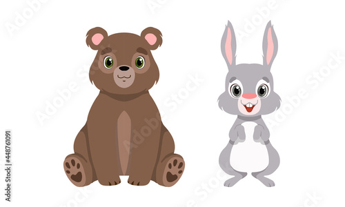 Cute Woodland Animals with Hare and Bear Vector Set