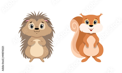 Cute Woodland Animals with Squirrel and Hedgehog Vector Set