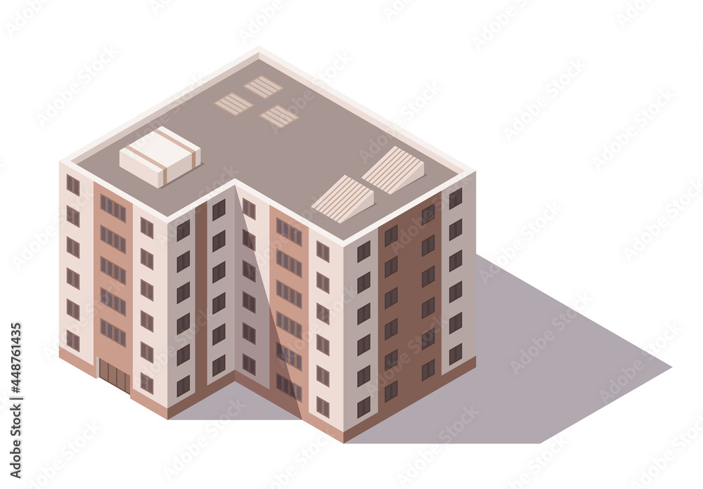 Vector isometric high rise building. City or town map construction element. Icon representing multi story building. Houses, homes or offices Vector isometric high rise building. City or town map construction element. Icon representing multi story building. Houses, homes or offices