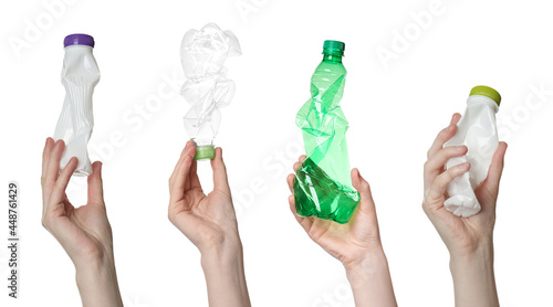 Collage with photos of women holding plastic bottles on white background, closeup