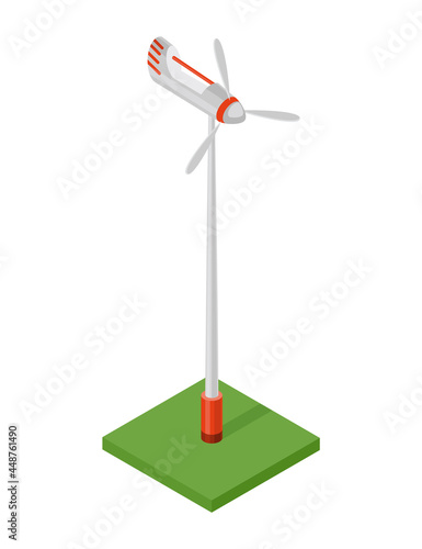 Isometric wind turbine. Concept of clean energy. Clean ecological power. Eco renewable electric energy from windmill. Icon for web