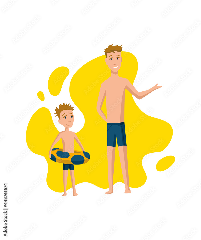 Father spend time with son. Dad and son getting ready to swim in the pool, happy family concept. Fatherhood flat cartoon vector illustration. Outdoor activity Father spend time with son. Dad and son getting ready to swim in the pool, happy family concept. Fatherhood flat cartoon vector illustration. Outdoor activity