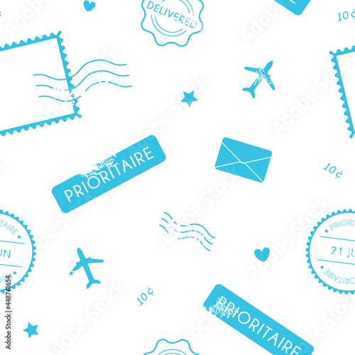 Fotografi Seamless pattern with stampls and postal symbols on white background