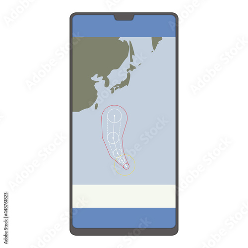 気象アプリの台風進路予想を表示しているスマホのイラスト