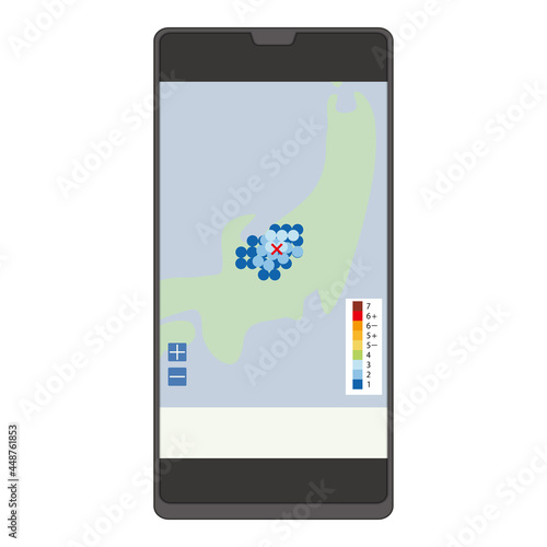 気象アプリの地震マップで震源地を表示したスマホのイラスト