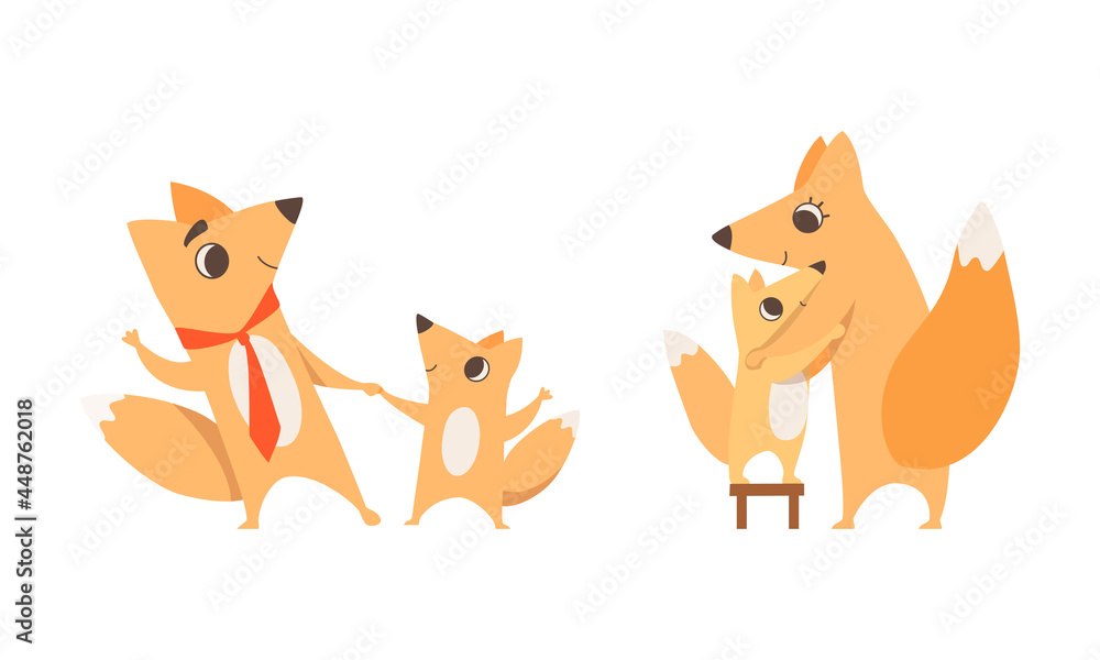 Loving Fox Mom and Dad Character with Its Cub Holding Hand and Embracing Vector Set