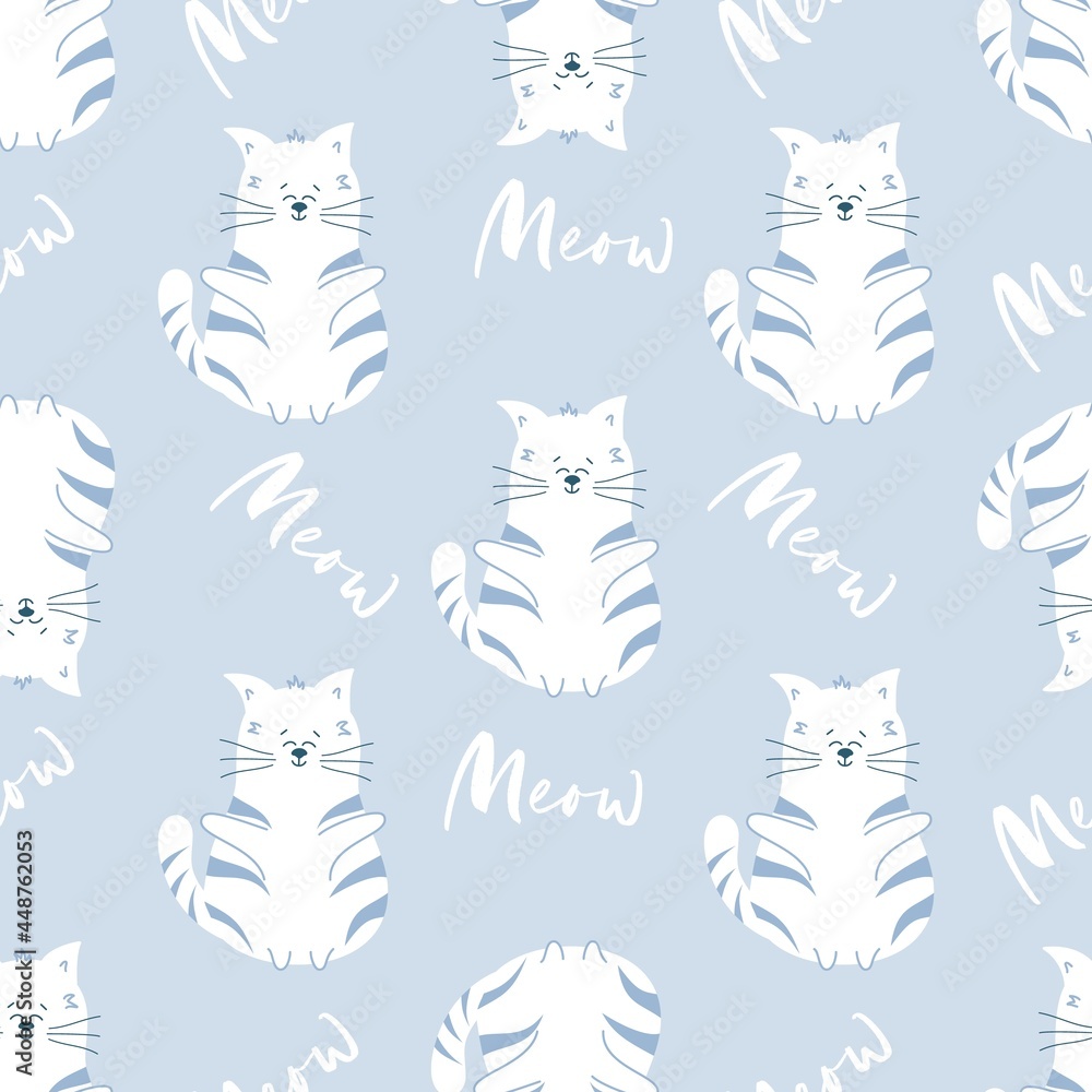 Naklejka premium Seamless pattern Cat with word Meow on lilac background. Child backdrop. Kids baby concept