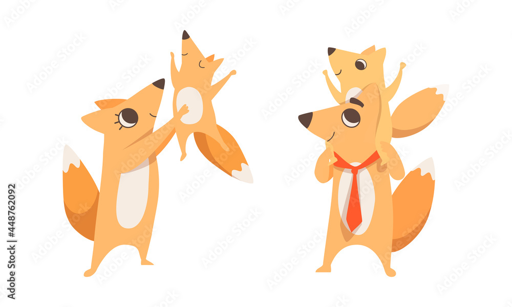 Obraz premium Loving Fox Mom and Dad Character with Its Cub Playing and Carrying on Shoulders Vector Set
