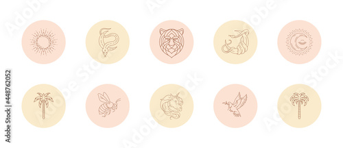 Set of icons and emblems for social media stories highlight covers in linear style vector illustration.