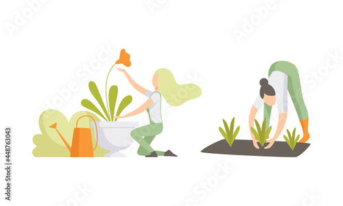 Young Woman Watering Garden Bed and Planting Engaged in Horticulture Vector Set