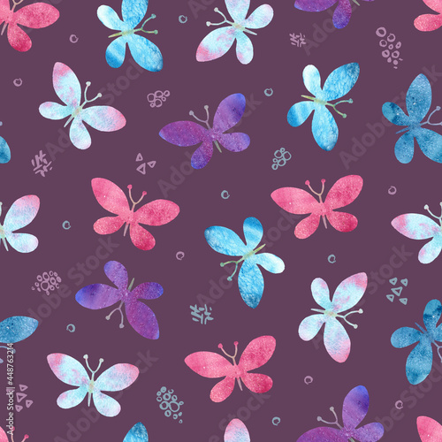 Seamless watercolor pattern with butterflies and bubbles on purple background