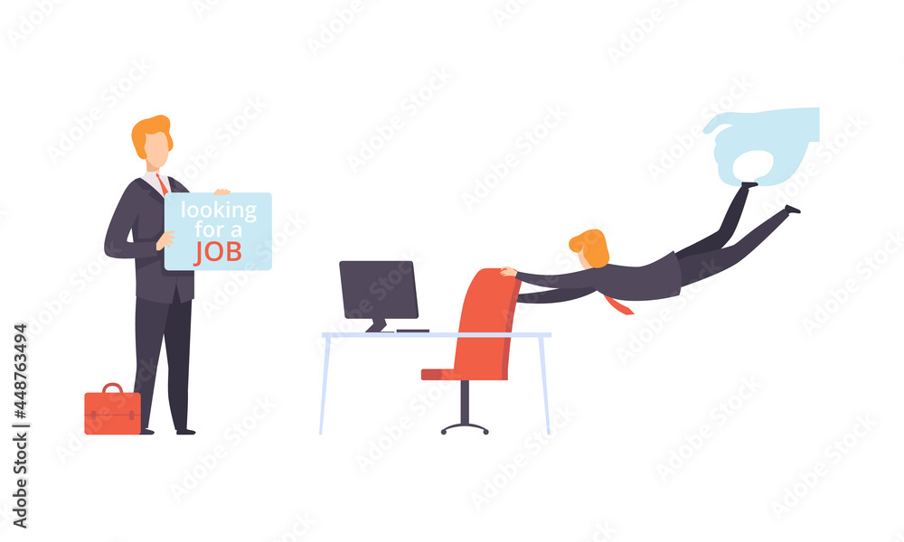 Man Character Searching for Job Standing with Banner and Leaving His Job Place Vector Set Man Character Searching for Job Standing with Banner and Leaving His Job Place Vector Set
