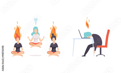 Burn out Stressed Man and Woman Feeling Fatigue and Exhaustion Sitting at Table and Doing Yoga Vector Set