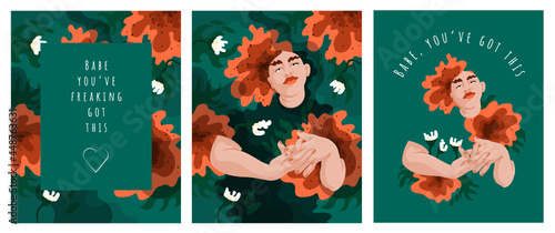 Selflove. Vector illustrations of flowers, a woman hugging herself, greeting card, self-acceptance card. Babe, you've got this.