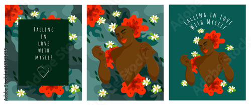 Selflove. Vector illustrations of flowers, a woman hugging herself, greeting card, self-acceptance card. Falling in Love with myself