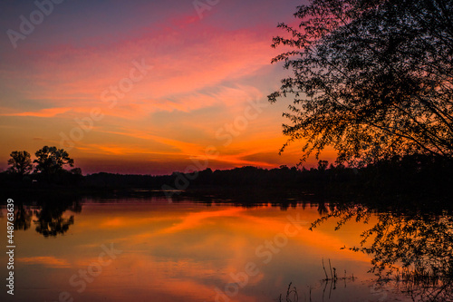 bright orange sunset over a pond with silhouettes of trees