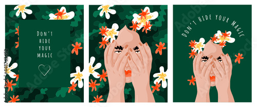 Selflove. Vector illustrations of flowers, a woman hugging herself, greeting card, self-acceptance card. Don't hide your magic