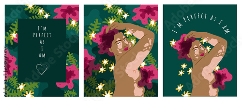Selflove. Vector illustrations of flowers, a woman hugging herself, greeting card, self-acceptance card. I'm perfect as I am