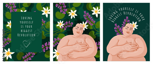 Selflove. Vector illustrations of flowers, a woman hugging herself, greeting card, self-acceptance card. Loving yourself is your biggest revolution