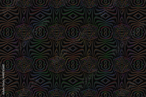 Geometric volumetric convex 3D pattern for wallpaper  websites  textiles. Embossed creative black background in Eastern  Indian  Mexican  Aztec style. Shiny texture with ethnic ornament.