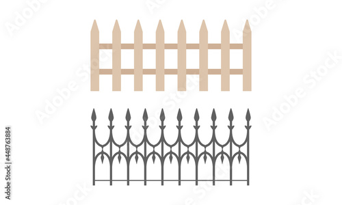 Wooden and Forged Metal Fence Isolated on White Background Vector Set