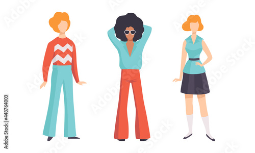 Man and Woman Character Wearing Vintage Clothing from 70s Vector Set