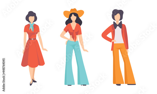 Man and Woman Character Wearing Vintage Clothing from 70s Vector Set