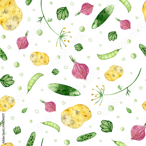 Seamless watercolor pattern with vegetables and garden herbs. Autumn illustration