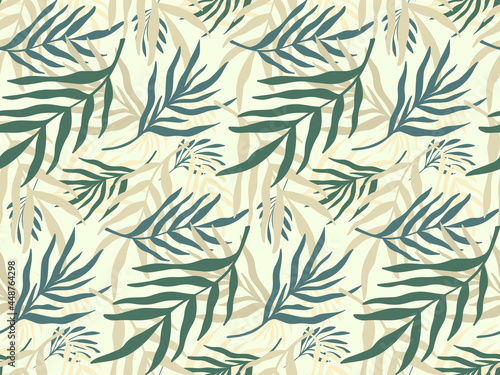 Seamless pattern background with abstract hand drawn plant silhouette. Tropical foliage palm tree branch minimalist vector boho floral backdrop texture. Design for tourism, summer, vacation, beach