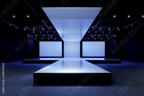 Fototapeta Naklejka Na Ścianę i Meble -  Empty stage Design  for mockup and Corporate identity,Display.Platform elements in hall.Blank screen system for Graphic Resources.Scene event led night light staging,3D render.
