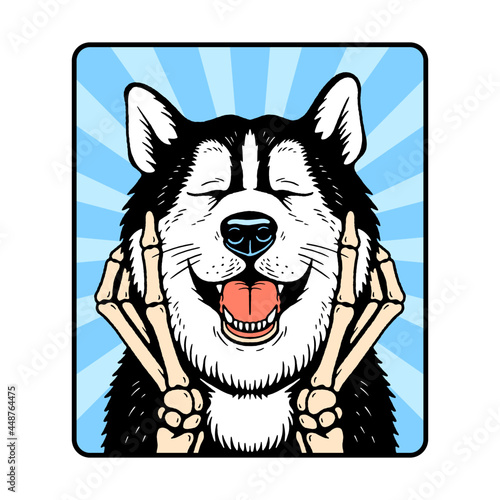 SMILING HUSKY DOG AND SKELETON COLOR WHITE BACKGROUND