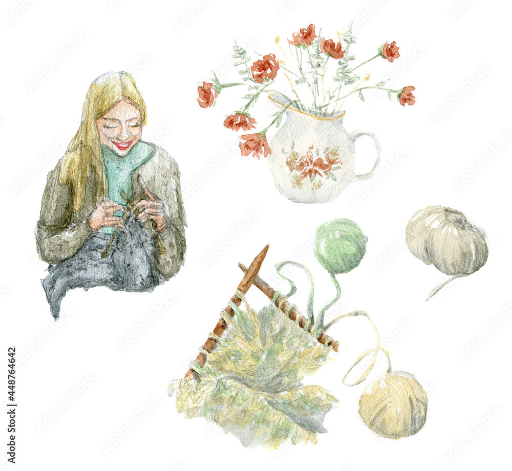 A watercolor set with a pretty knitting girl. Collection - wool, knitting needles, a vase with flowers. Hand-drawn character and objects isolated on a white background.
