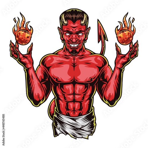 Horned devil with fireballs and tail