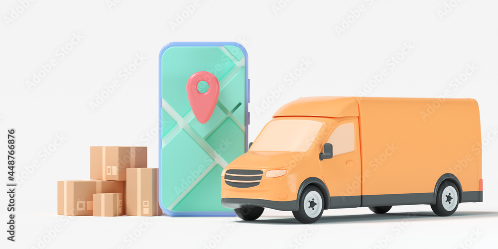 3D Fast delivery service concept. delivery van with smartphone GPS map, custom location and online order tracking. 3d render illustration 3D Fast delivery service concept. delivery van with smartphone GPS map, custom location and online order tracking. 3d render illustration
