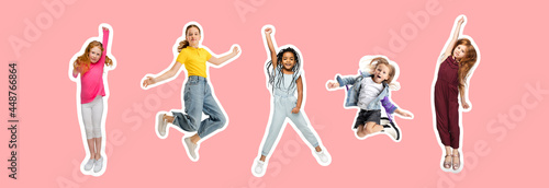 Group of elementary school kids or pupils jumping in colorful casual clothes on pink background. Collage.