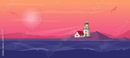 Beautiful seascape with lighthouse tower at sunset
